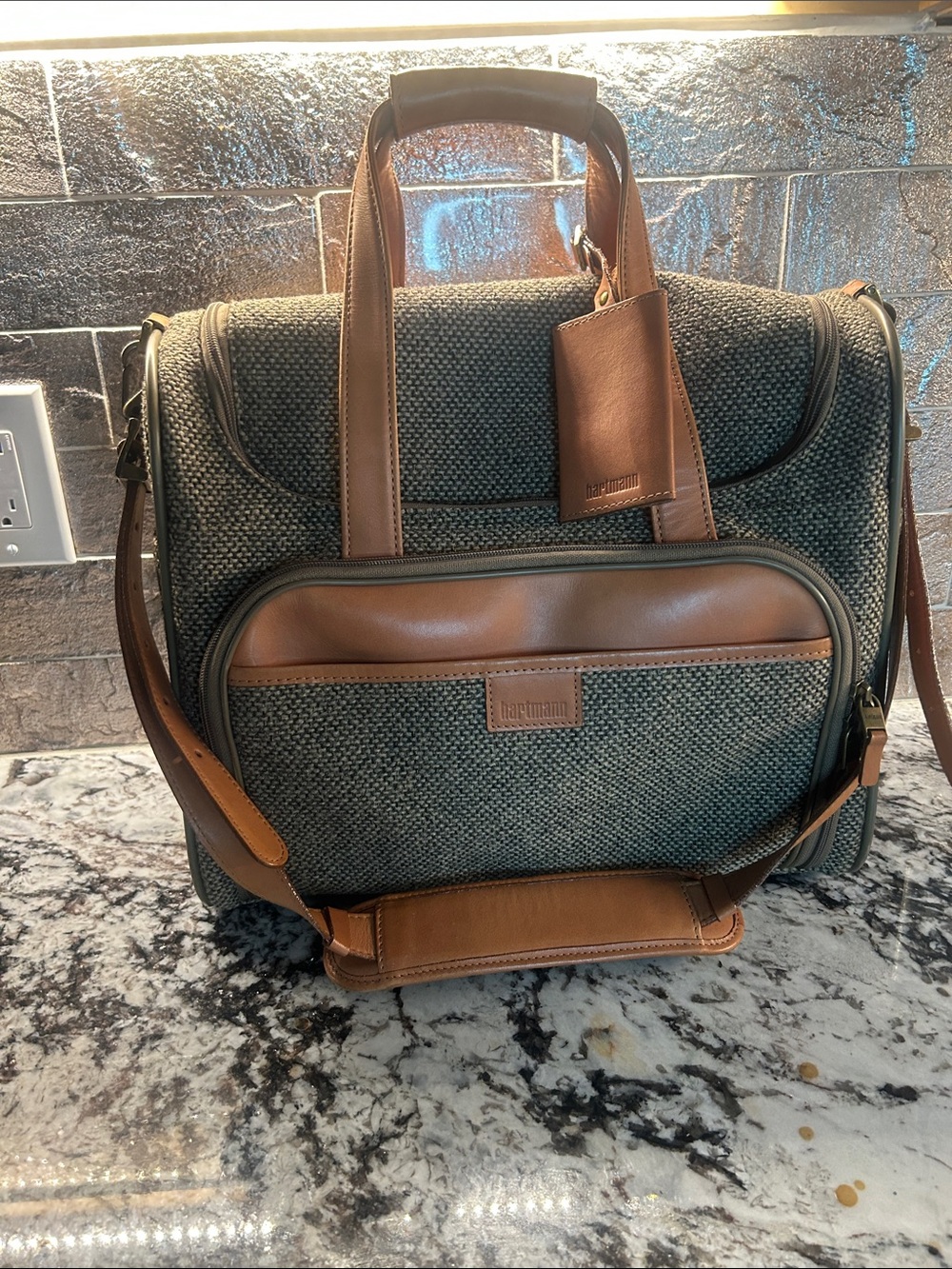 Hartmann Gray Tweed & Brown Leather Travel Bag like new